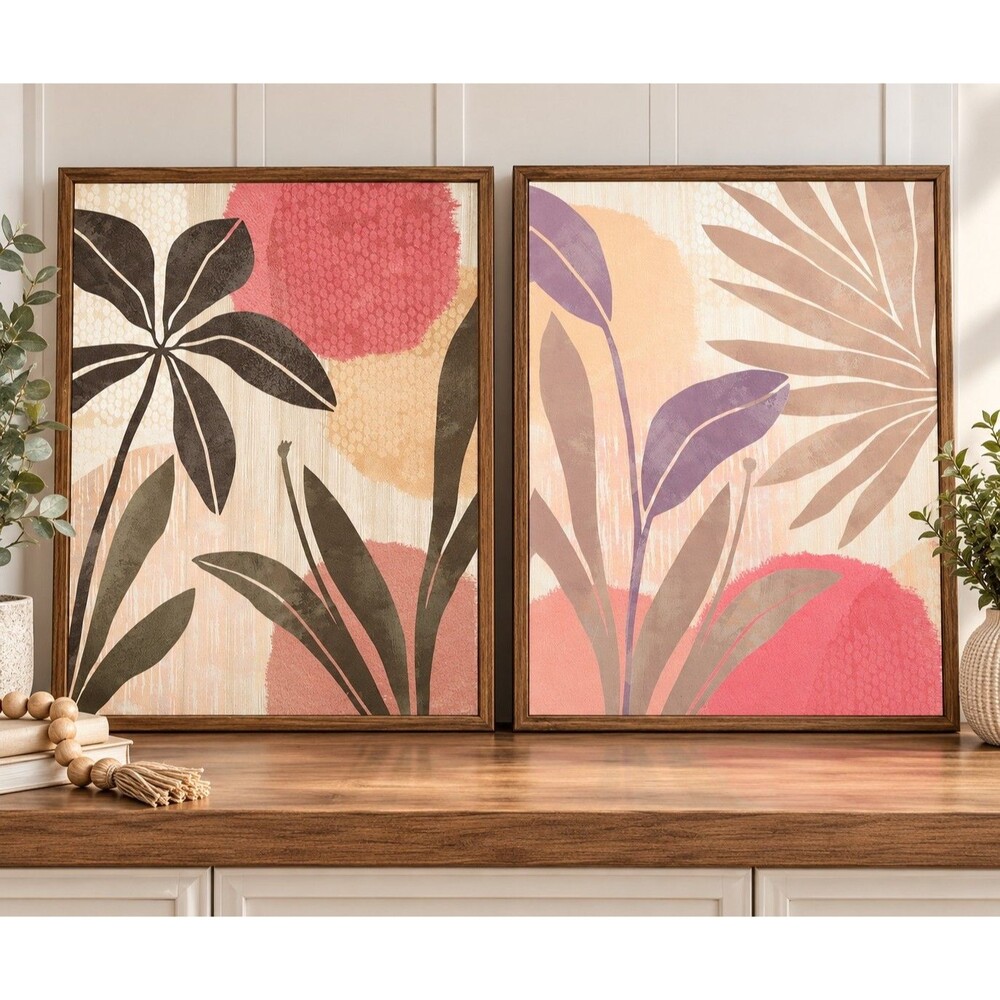 Set of 2 Modern Botanical Abstract Framed Wall Art Prints 20” x 24” Pink Neutral
